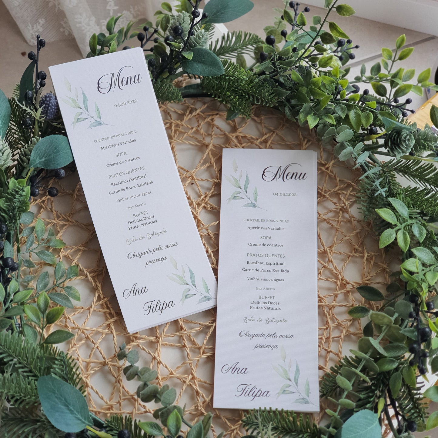 Menu de baptême Feuillage Vert