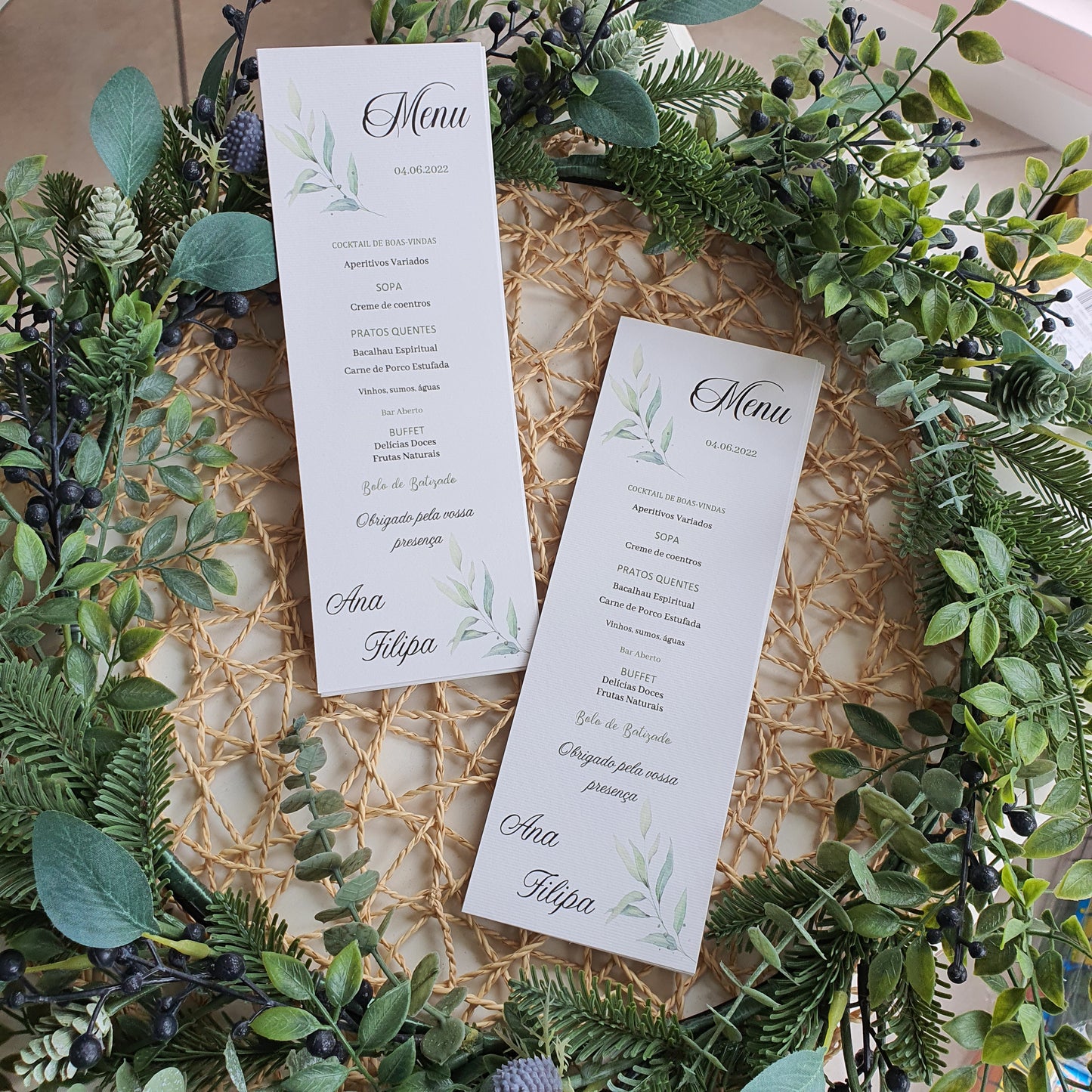 Menu de baptême Feuillage Vert