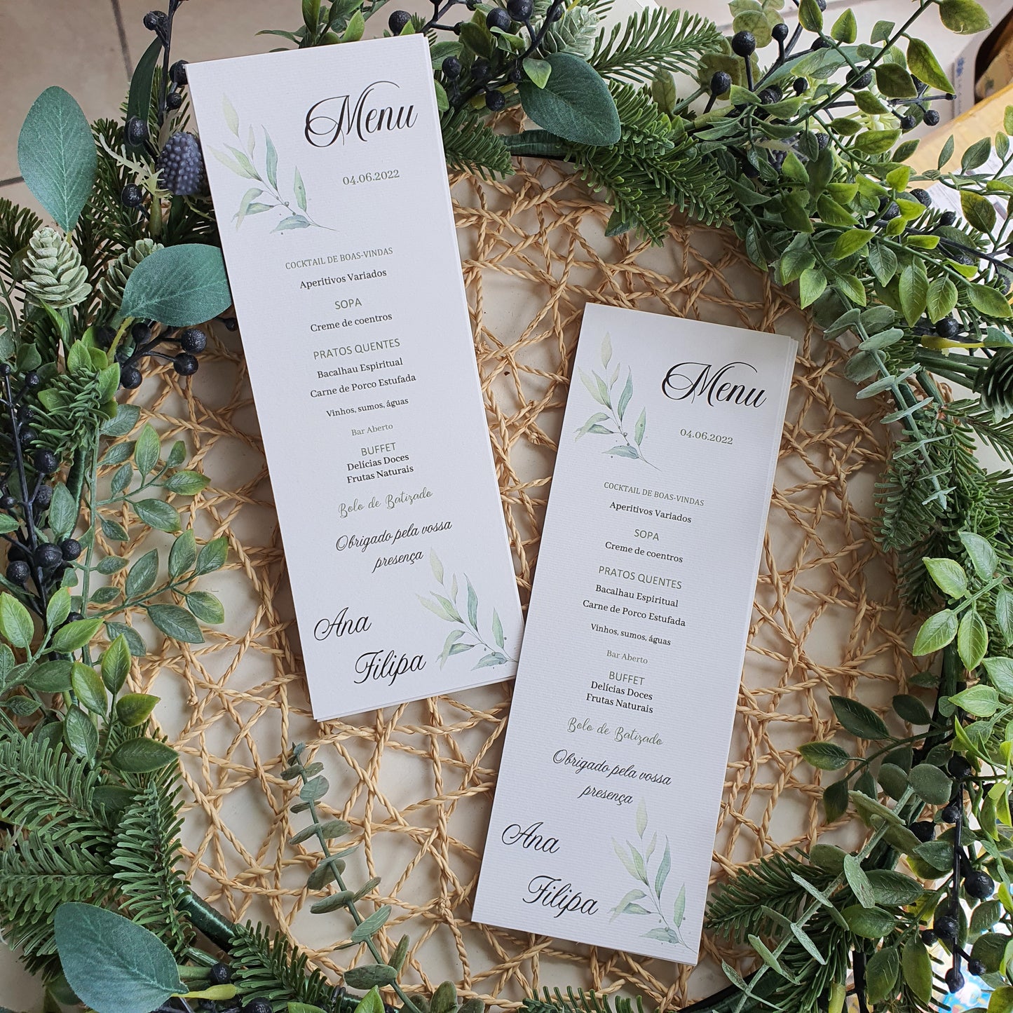 Menu de baptême Feuillage Vert