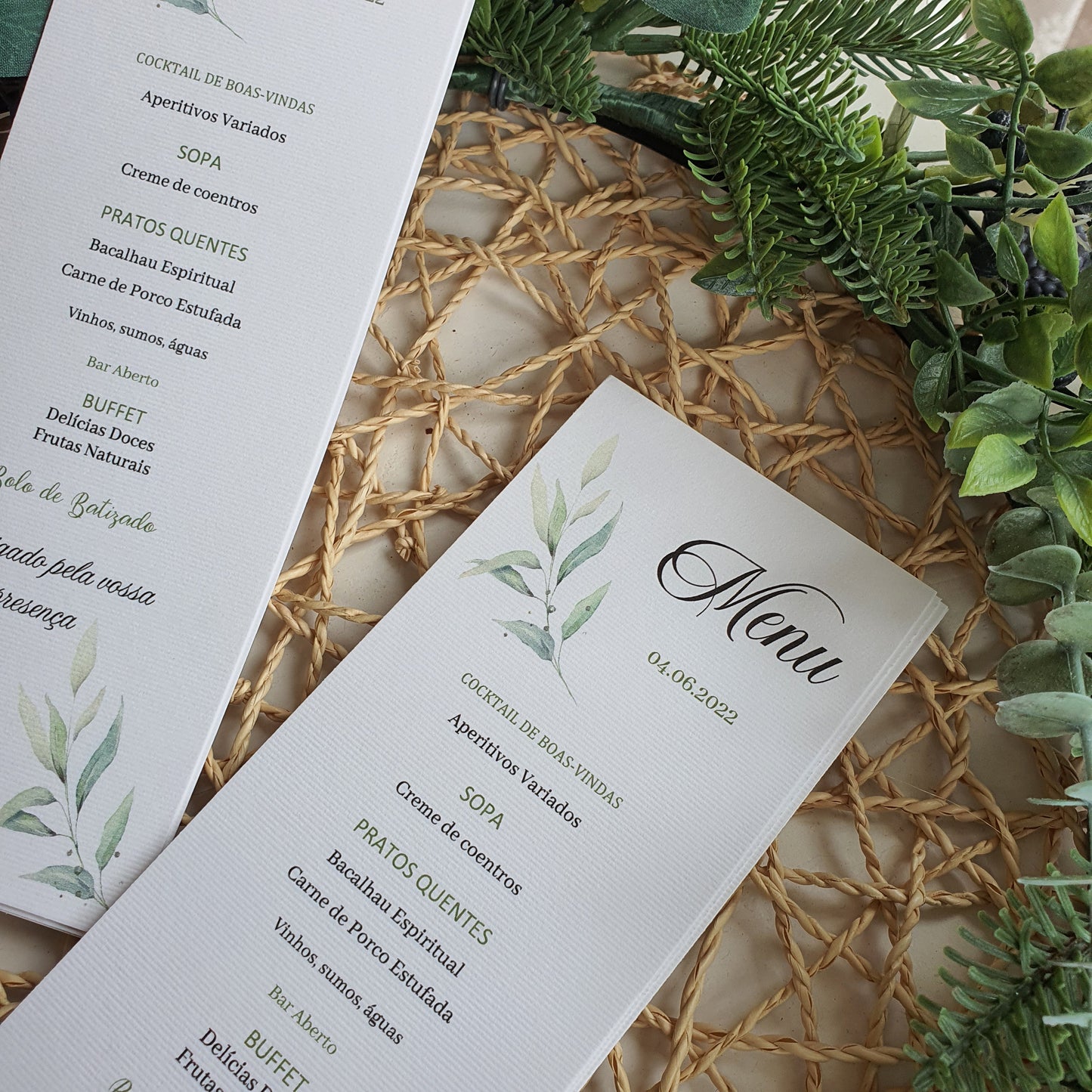 Menu de baptême Feuillage Vert