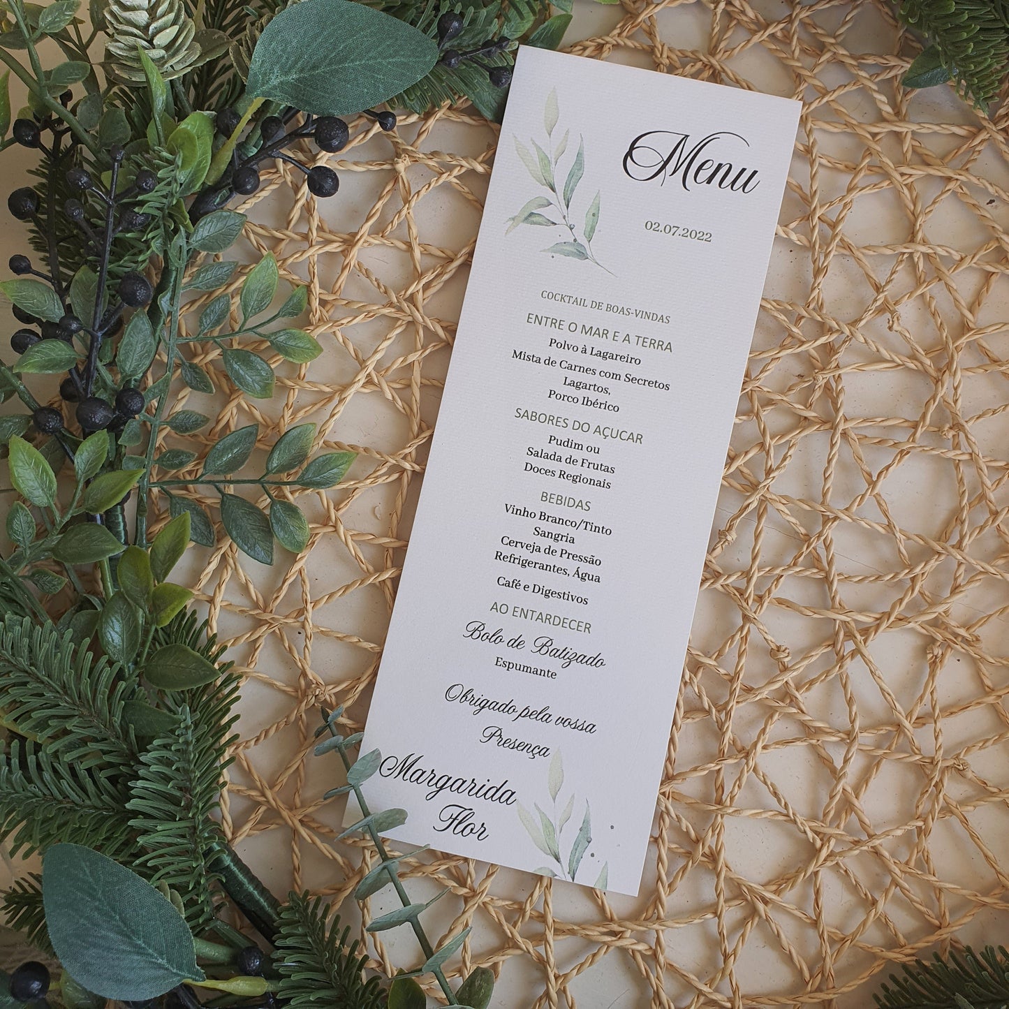 Menu de baptême Feuillage Vert