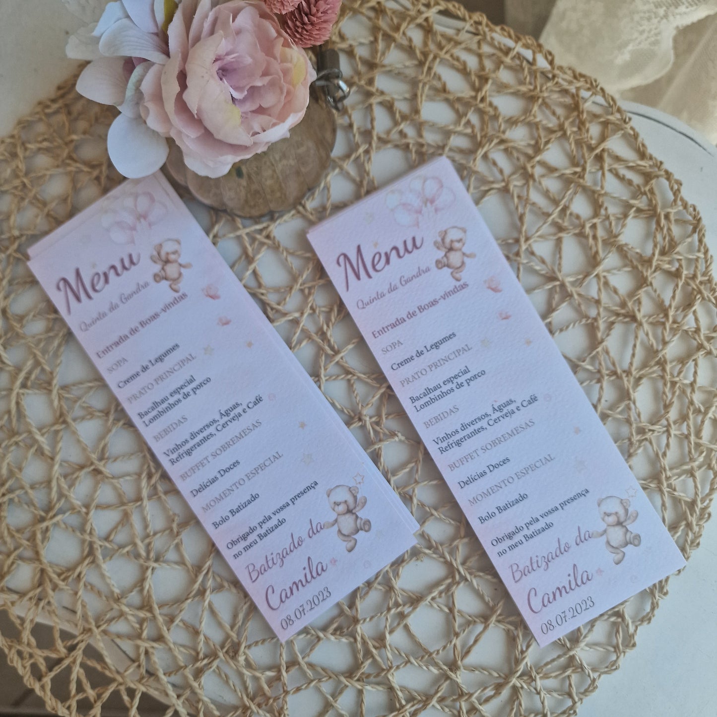 Menu de baptême ours rose