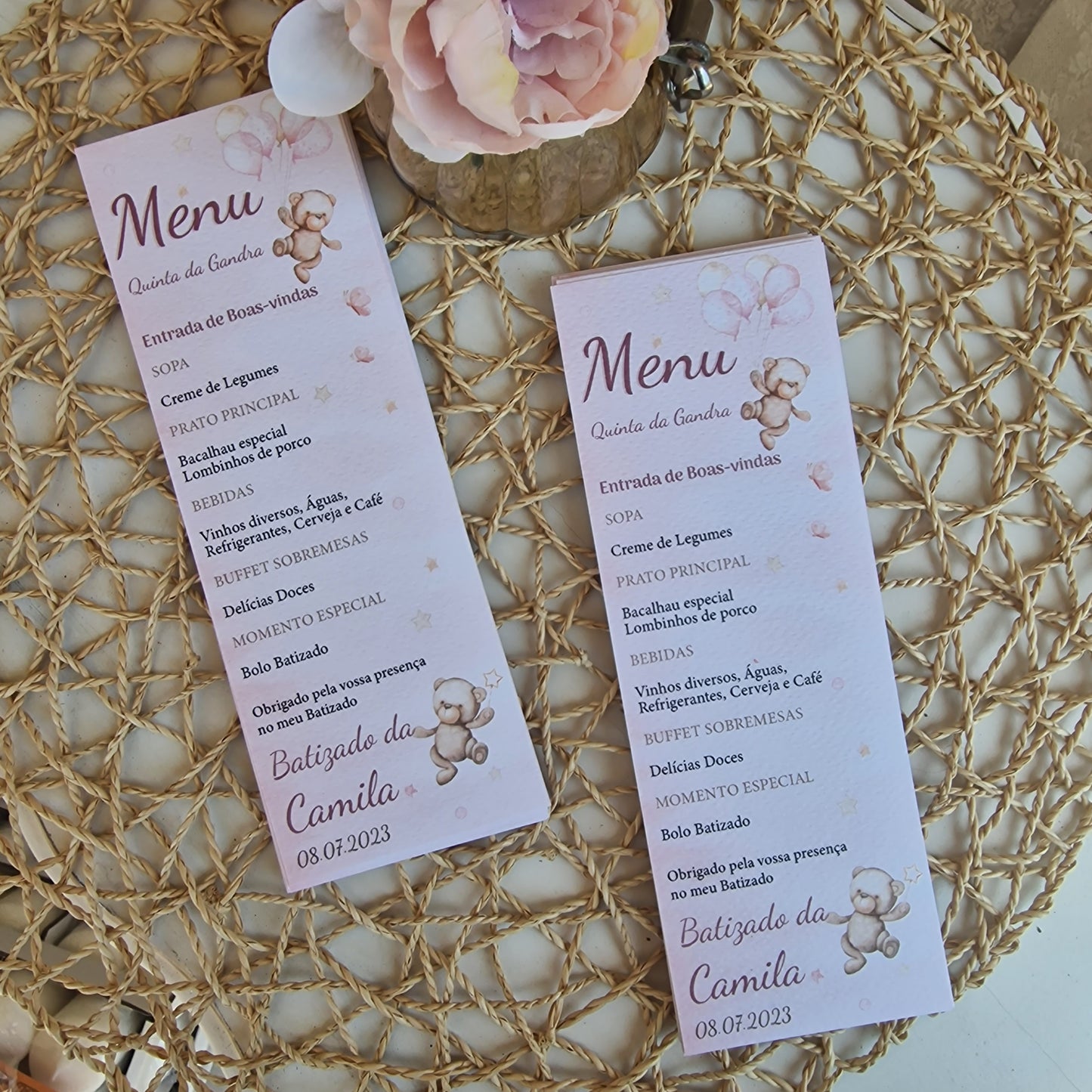 Menu de baptême ours rose