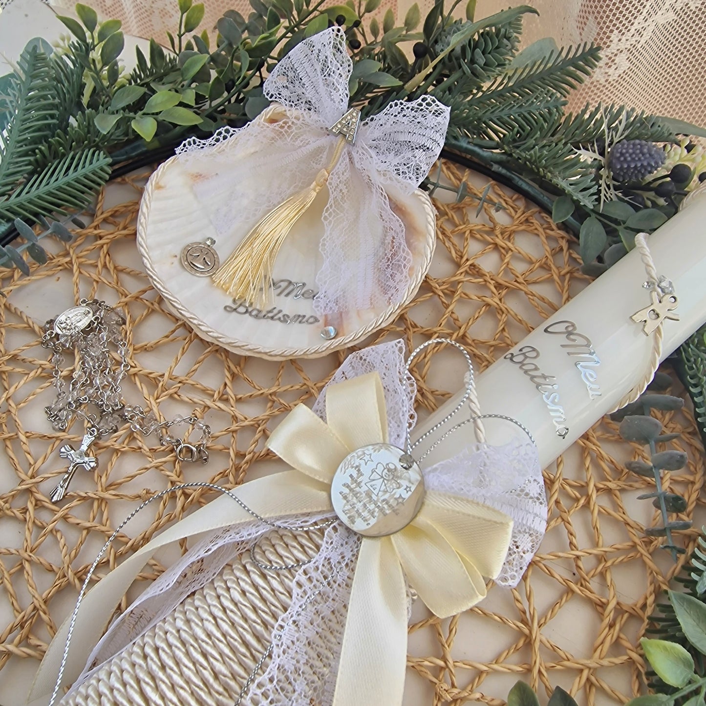Vela e concha de batismo pérola A