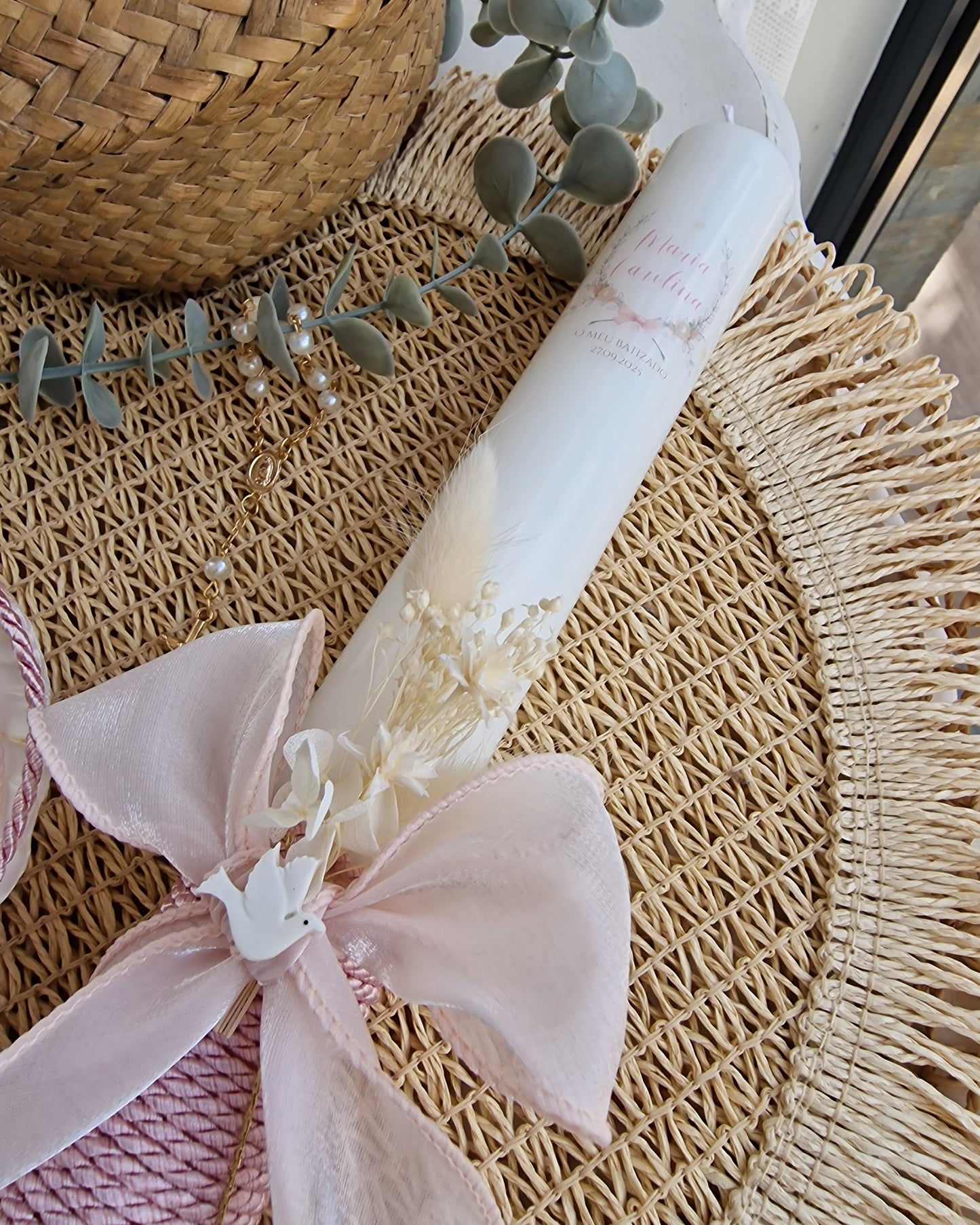 Vela de Batizado rosinha com pombinha