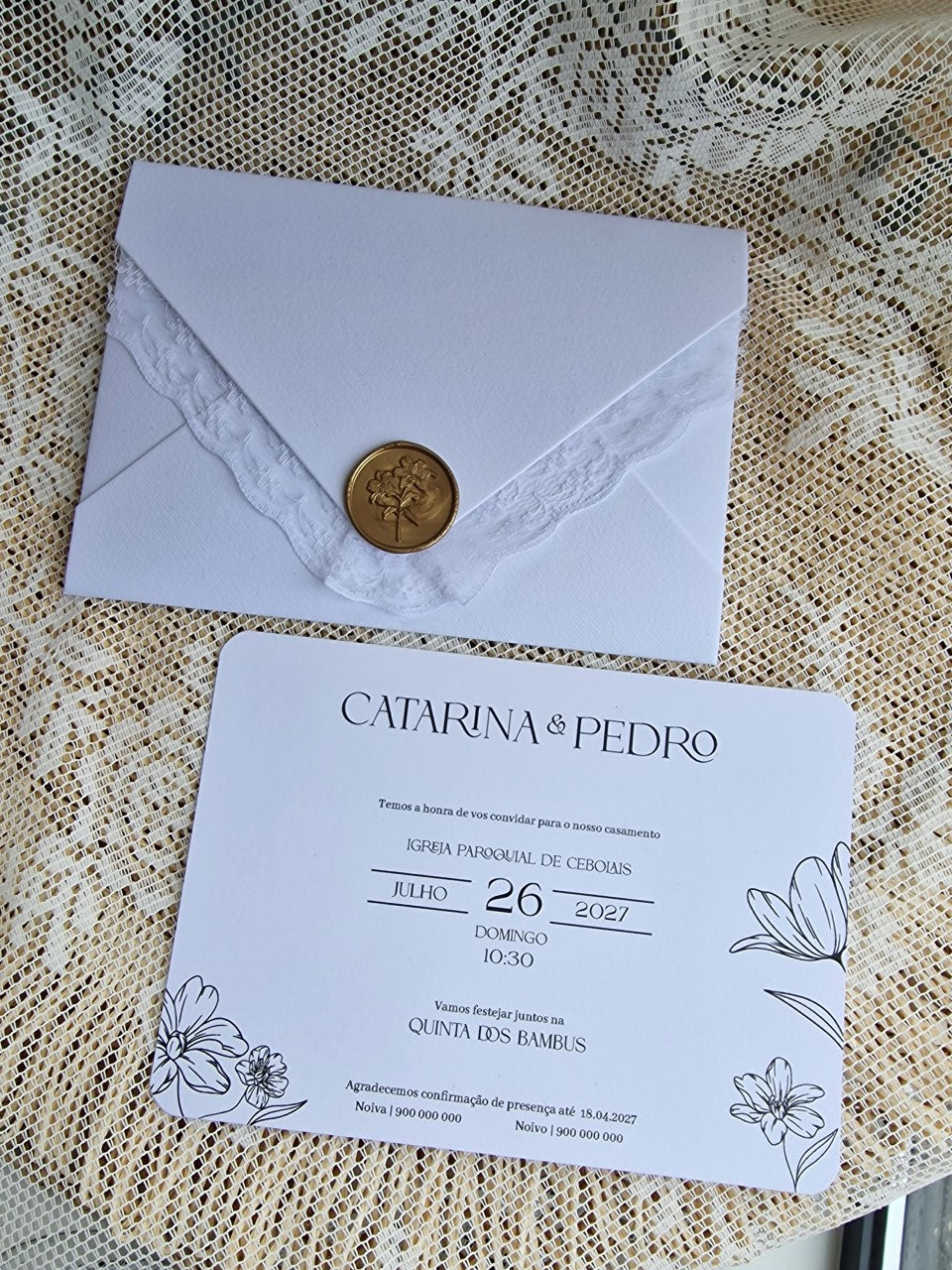 Convite de casamento envelope com renda Catarina e Pedro