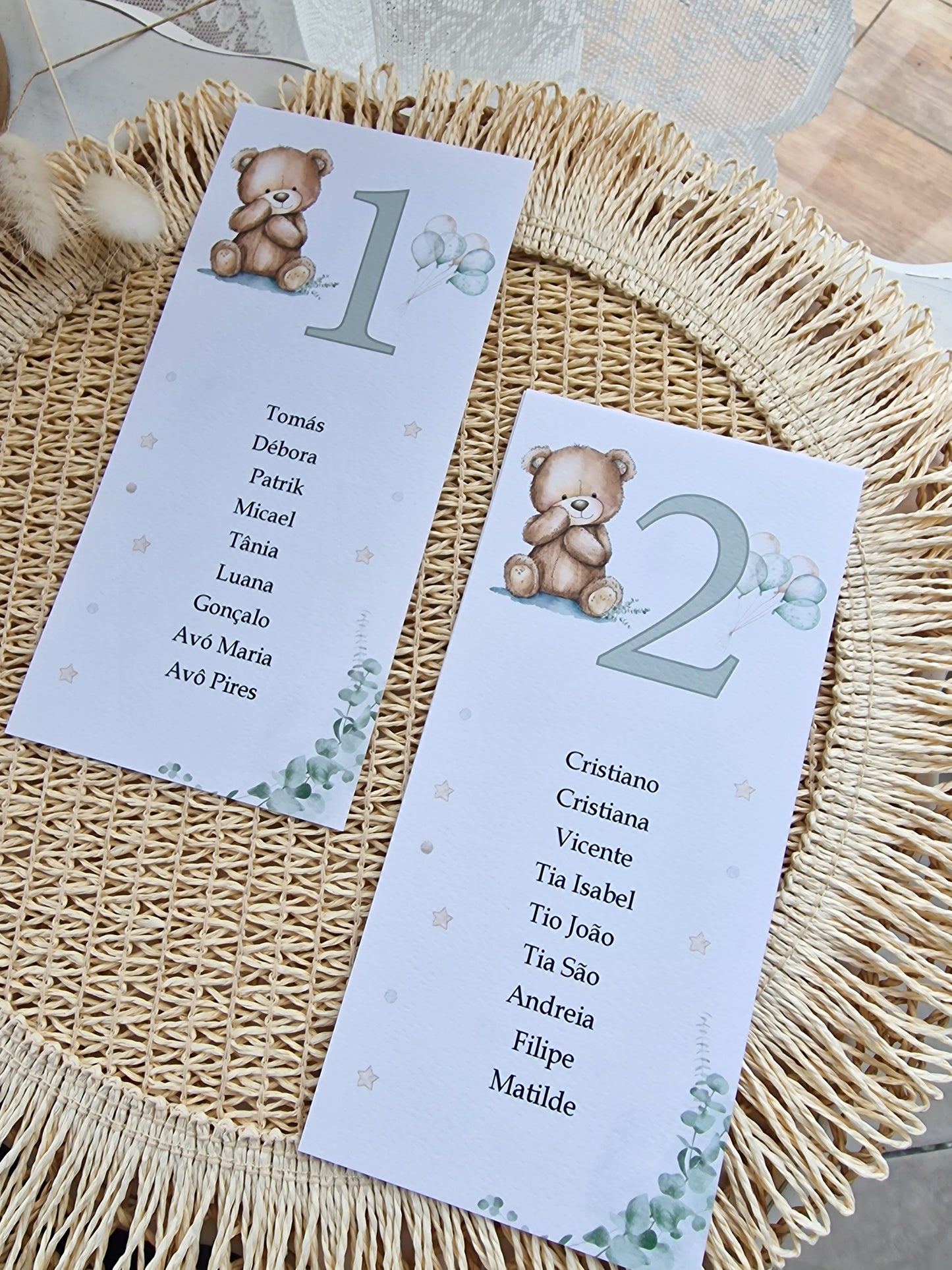 Placas de convidados Ursinho com eucalipto