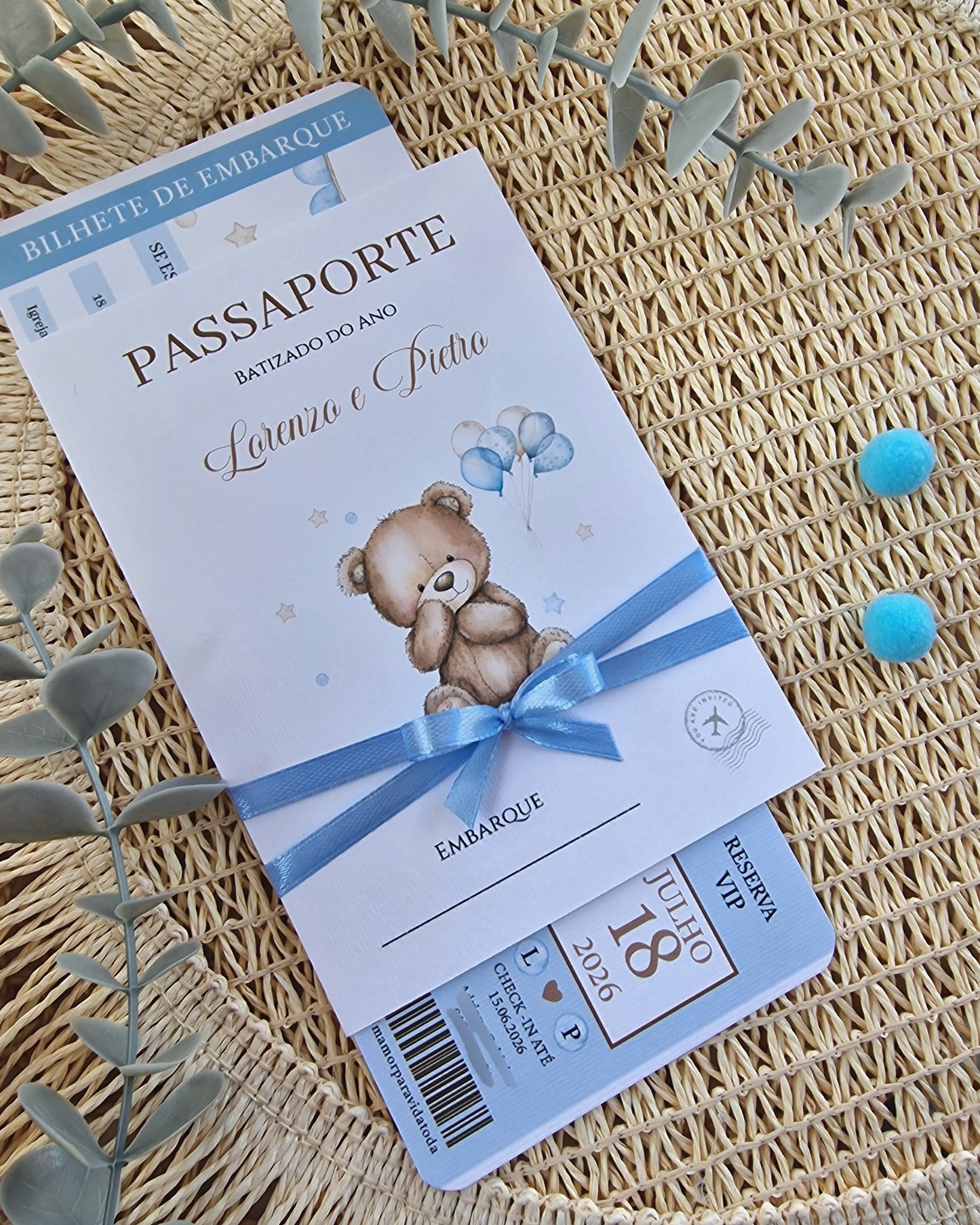 Convite passaporte azul do ursinho L&P