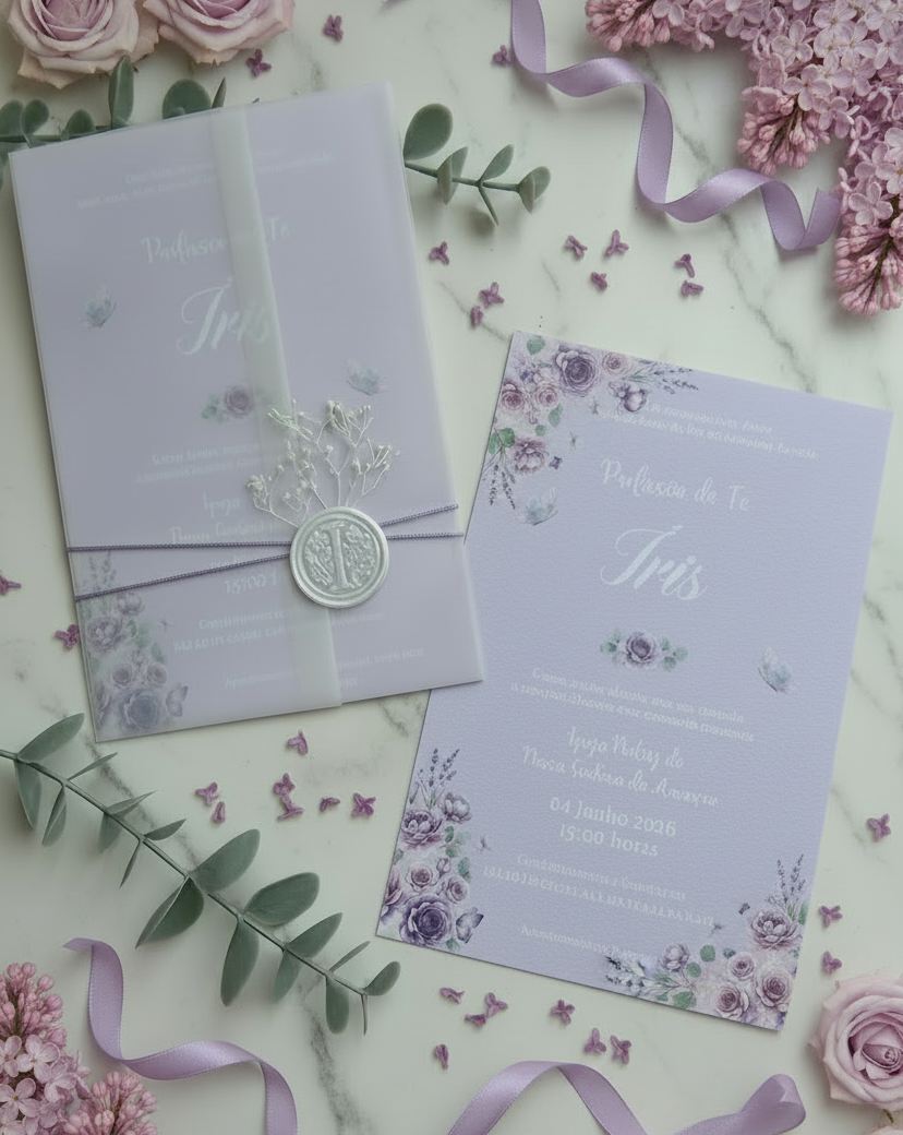 Convite de profissão de fé da Íris floral lilás com borboletas