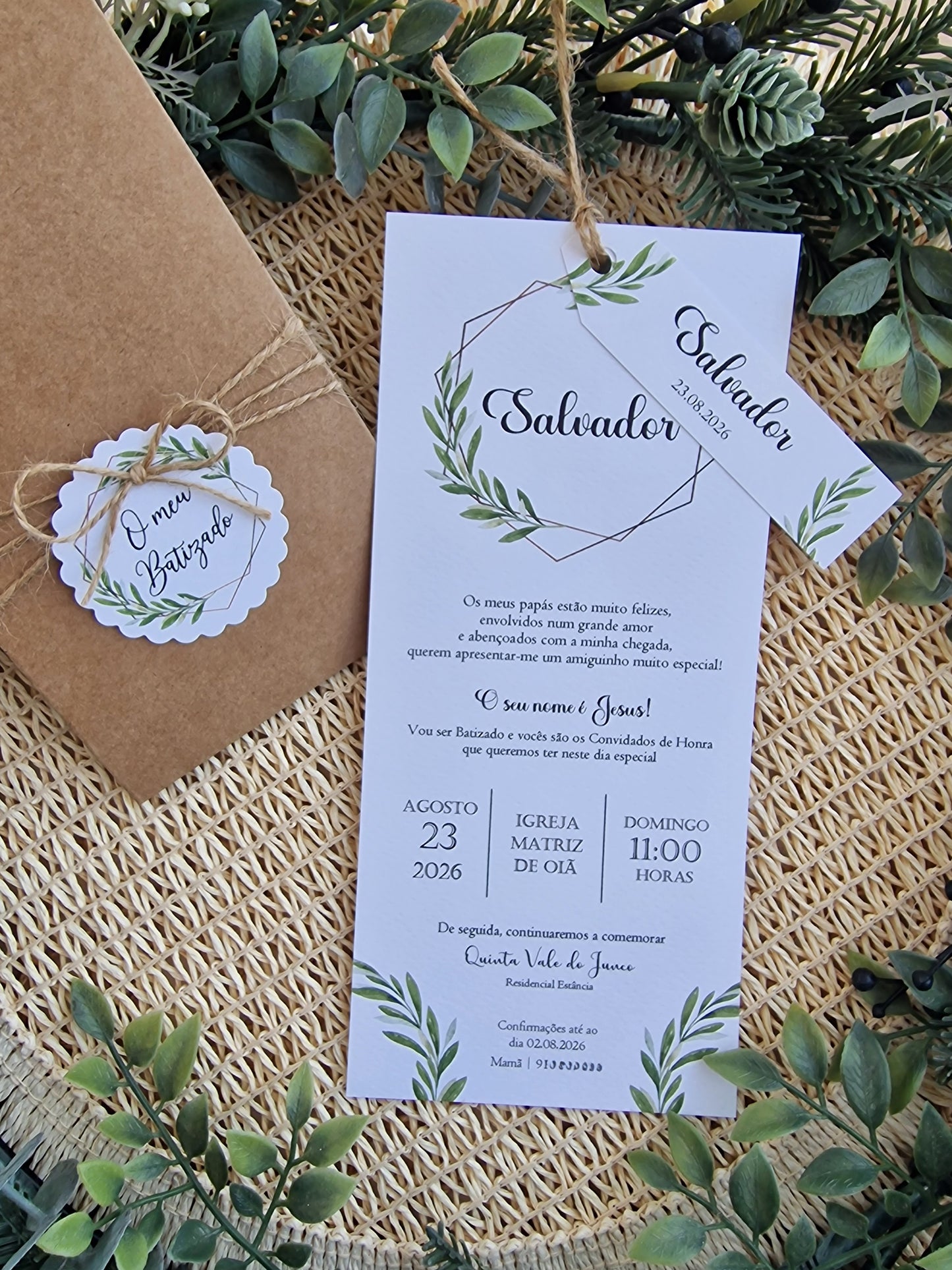 Convite de batizado folhas de oliveira