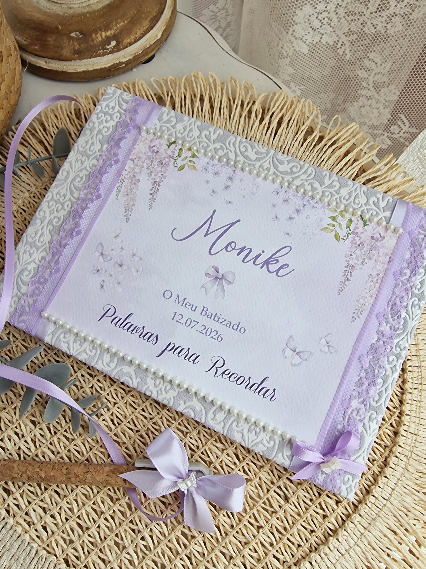Livro de dedicatórias Lilás Batizado da Monike