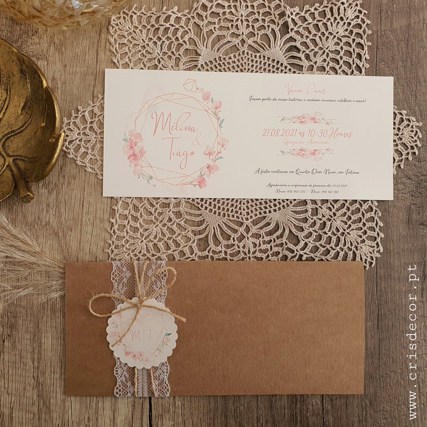 Convite rustico blush gold