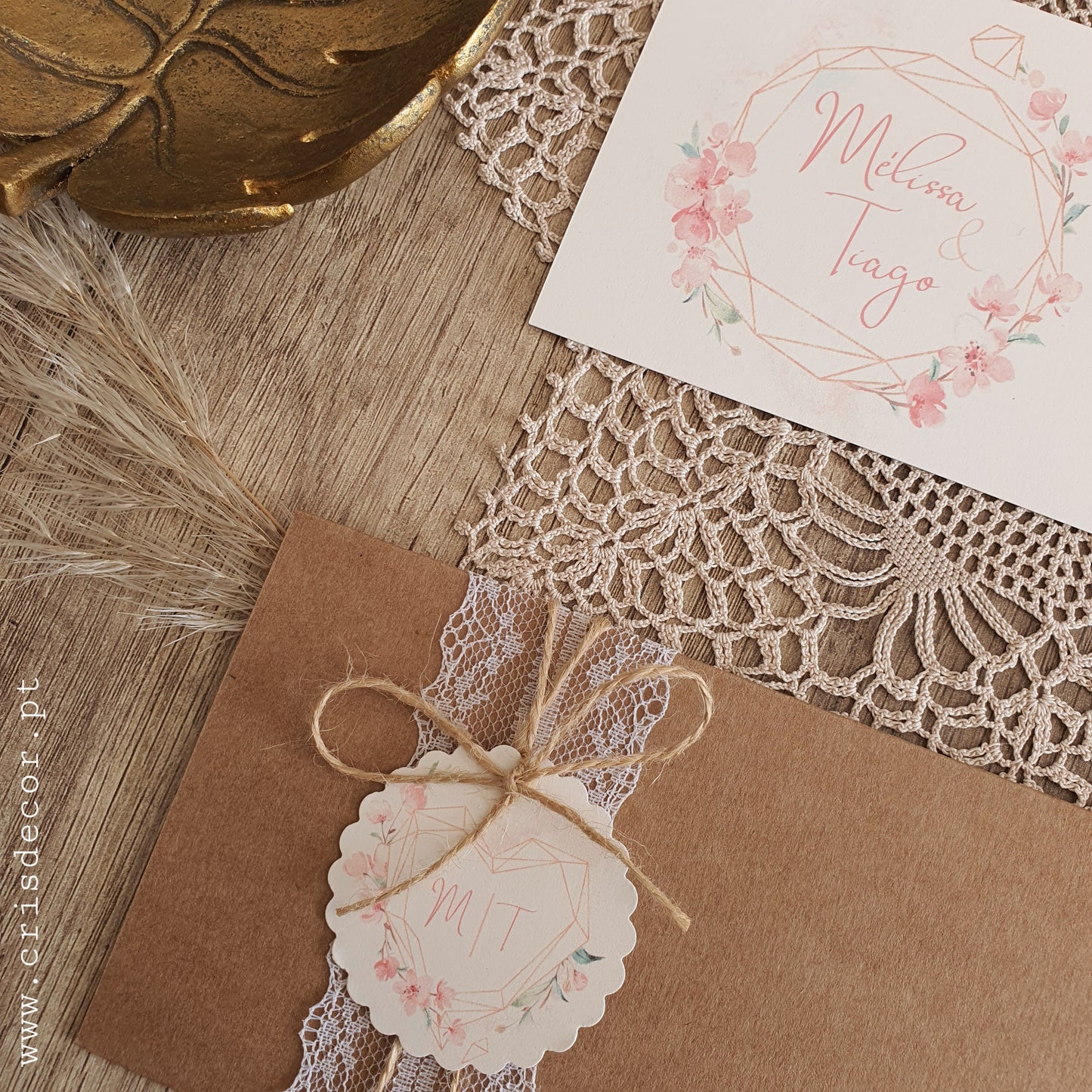 Convite rustico blush gold