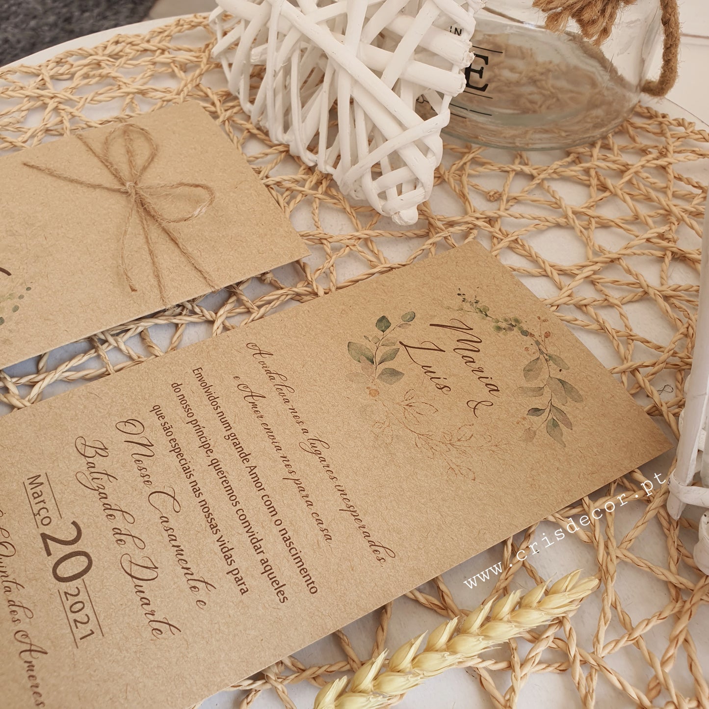Convite rústico casamento e batizado verde dourado