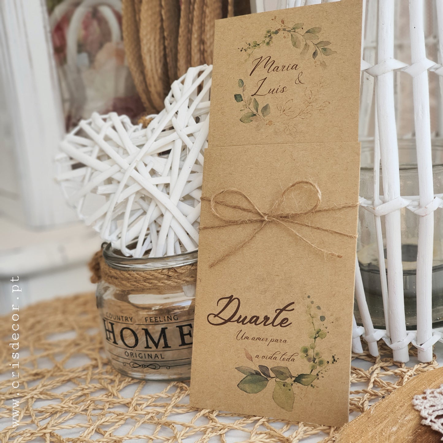 Convite rústico casamento e batizado verde dourado