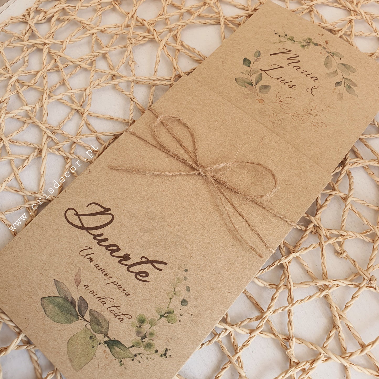 Convite rústico casamento e batizado verde dourado