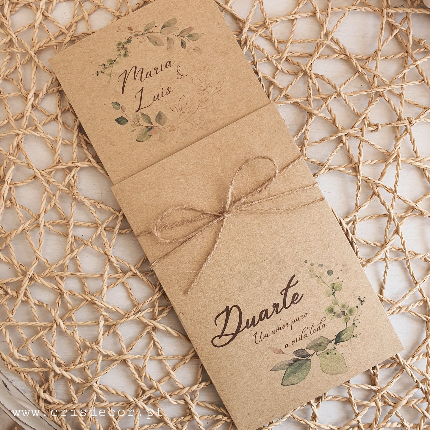 Convite rústico casamento e batizado verde dourado
