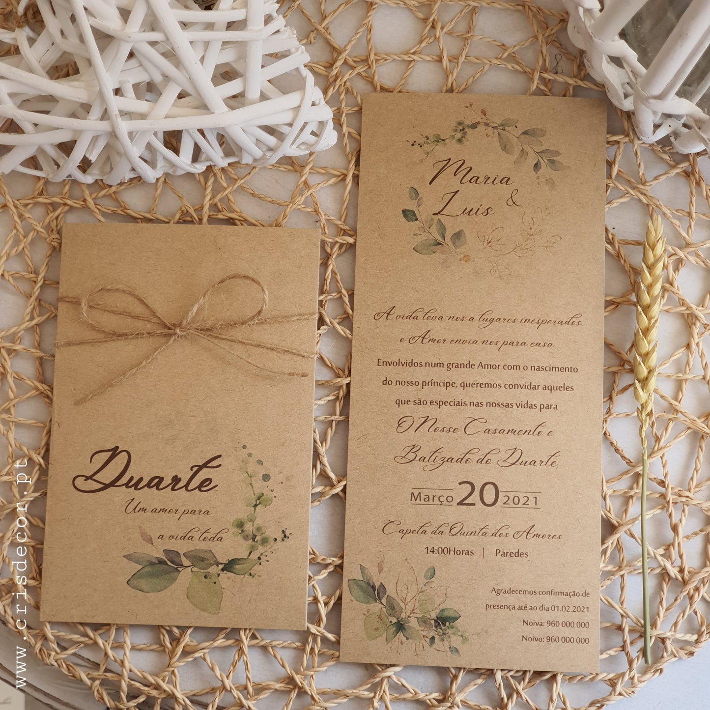 Convite rústico casamento e batizado verde dourado