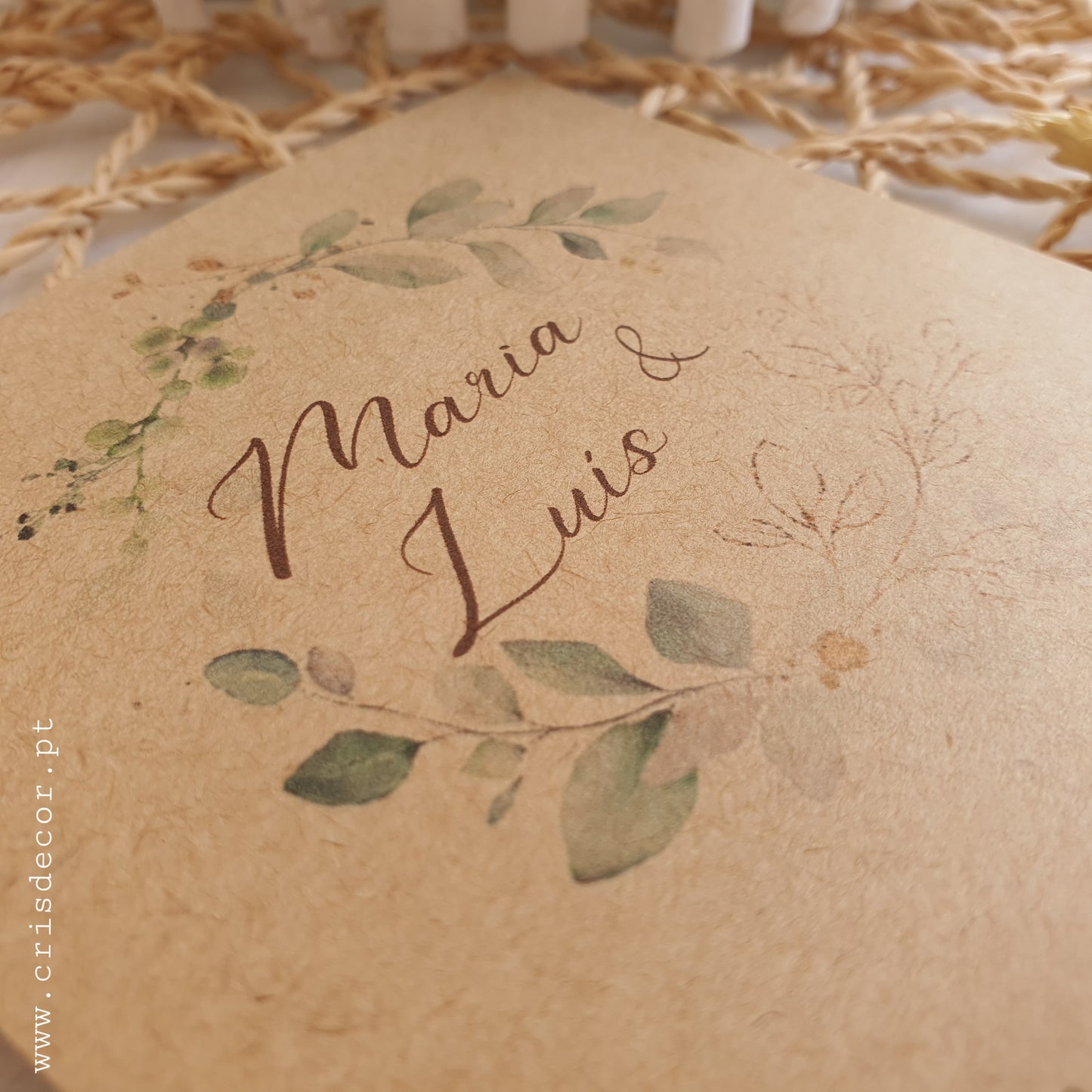 Convite rústico casamento e batizado verde dourado