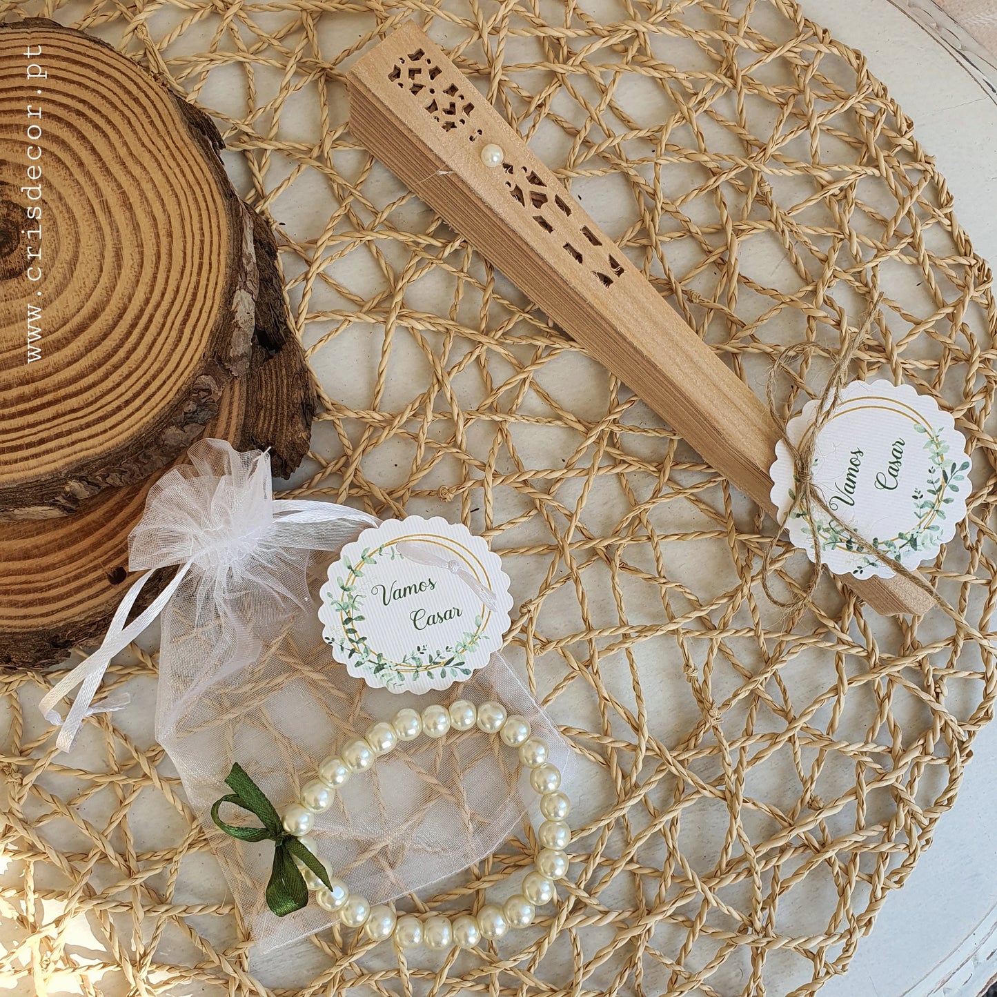 Wooden fan with label