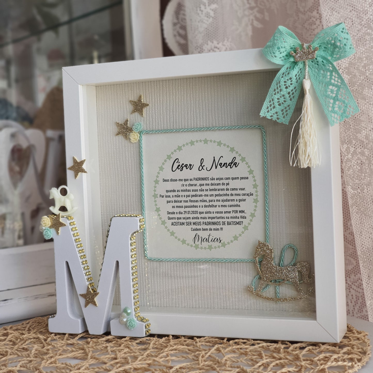 Quadro com dedicatória para padrinhos de batizado