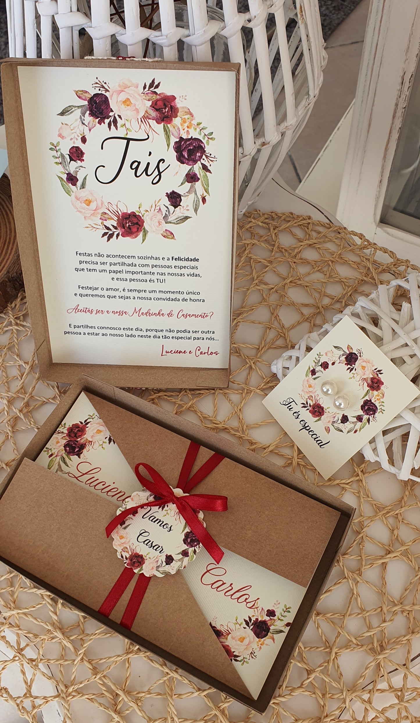 Marsala wedding godparents invitation box