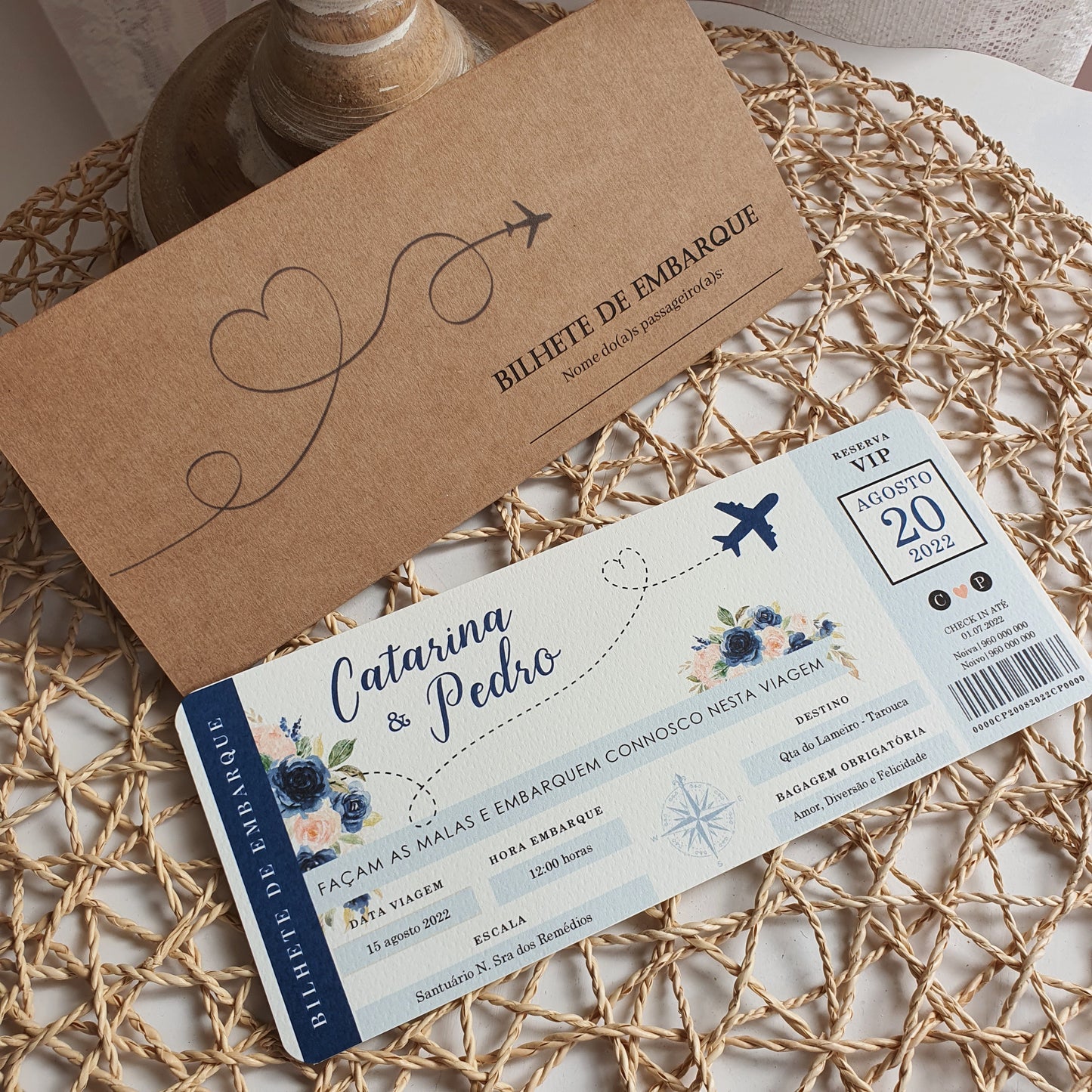 Navy and blush travel invitation