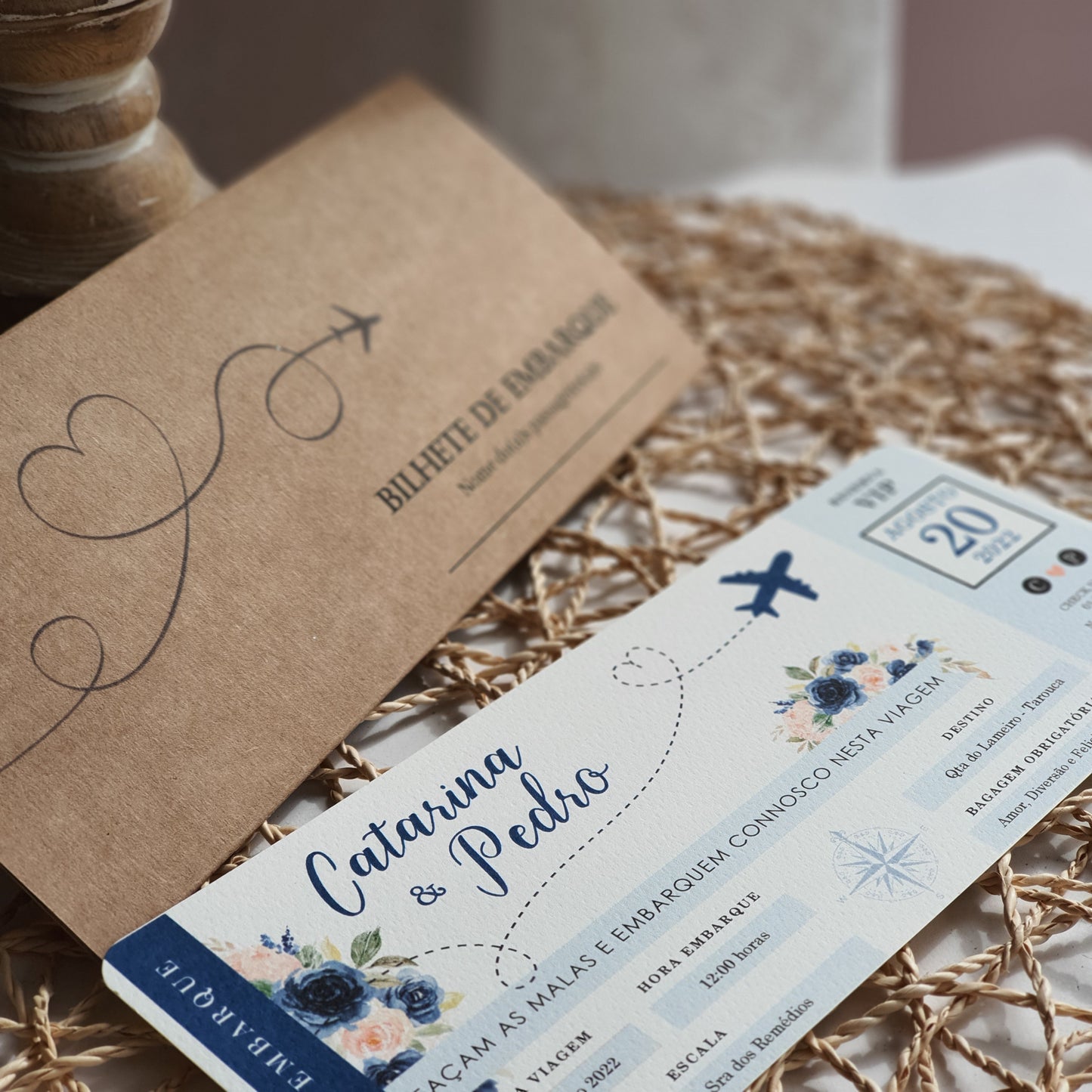 Navy and blush travel invitation