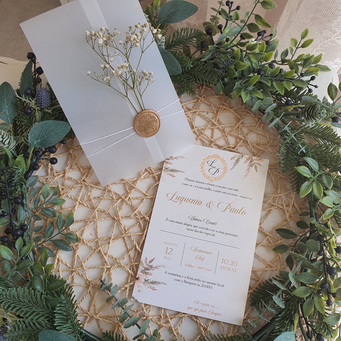 Convite de casamento natureza monograma