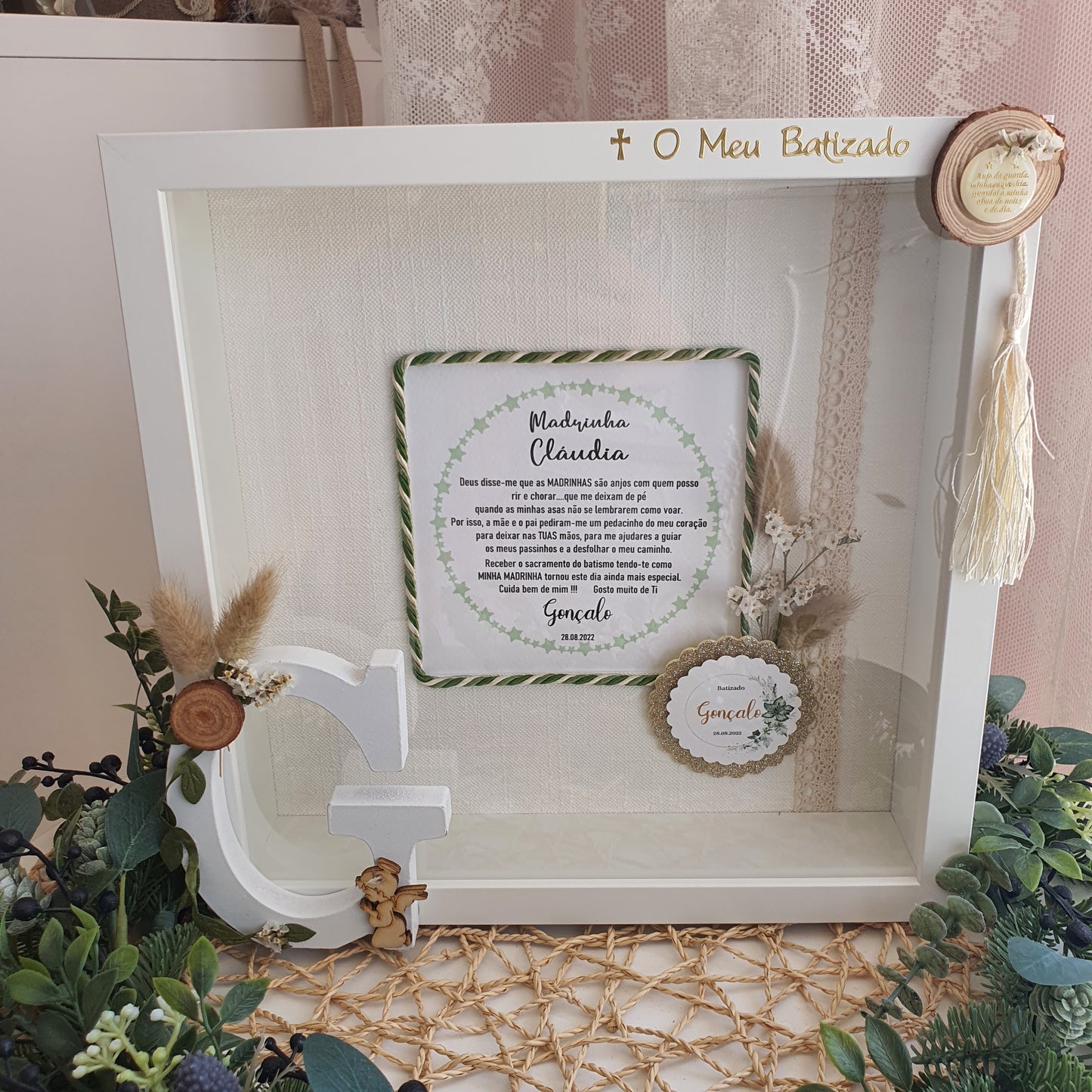 Quadro com dedicatória para padrinhos de batizado