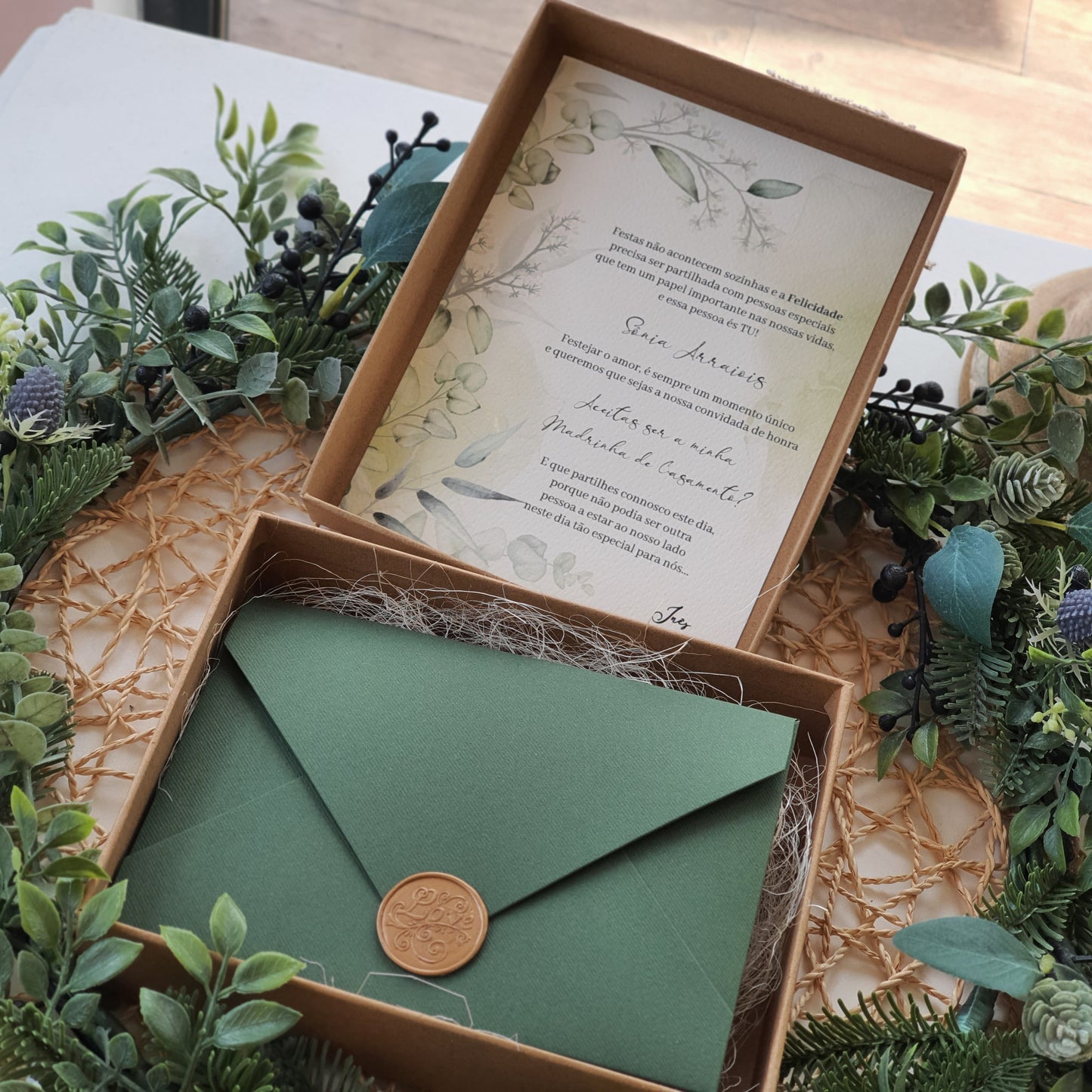 Natural green godparents invitation box