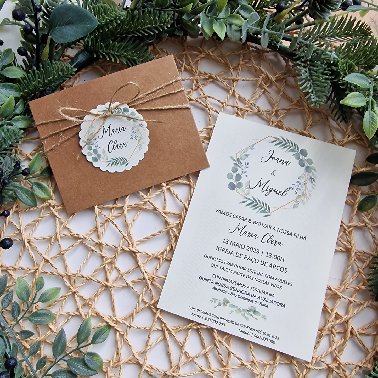 Faire-part de mariage et de baptême sac rustique nature