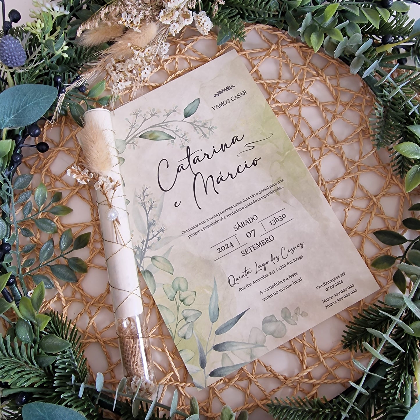 Convite vidro natureza eucaliptos