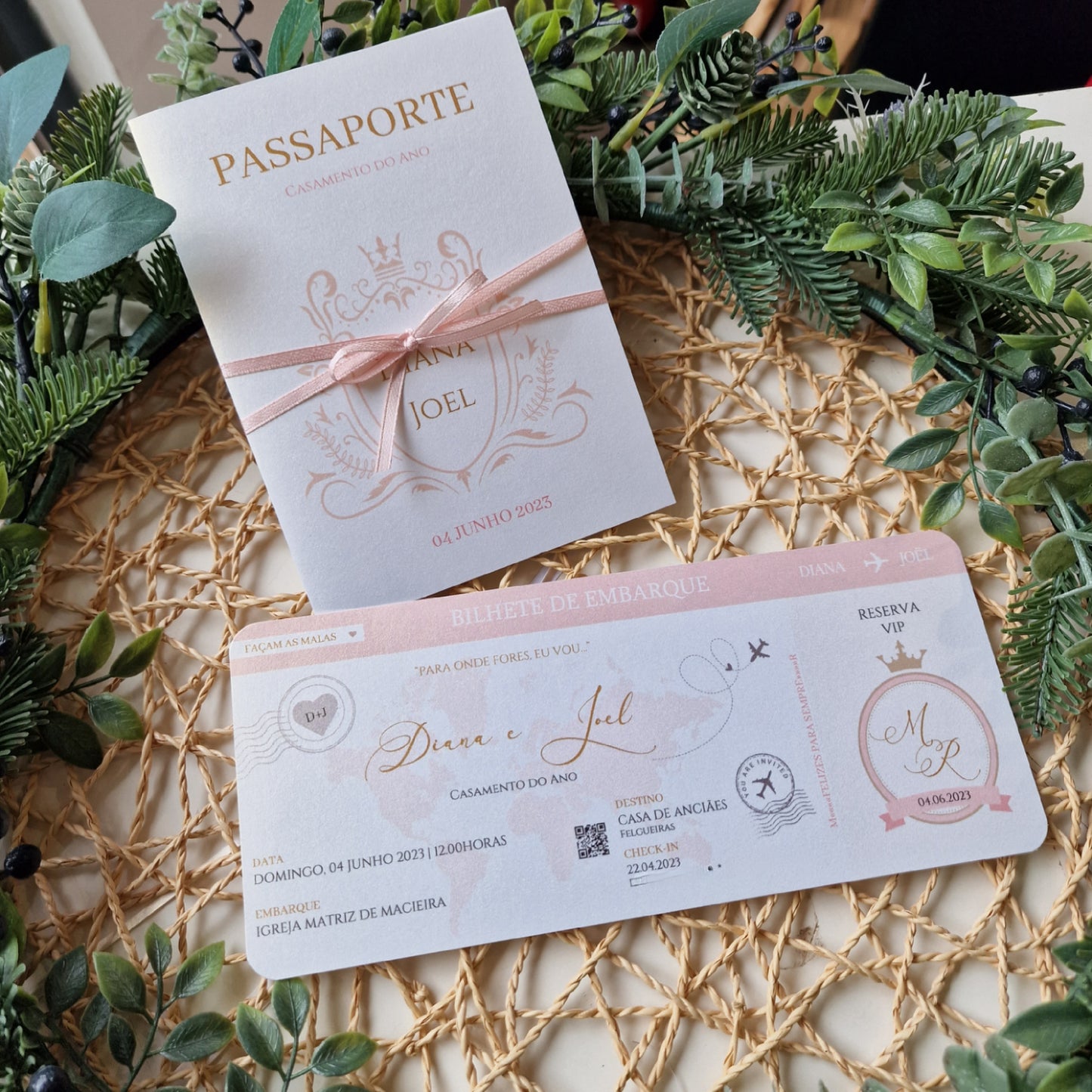 Convite viagem a dois rosa gold