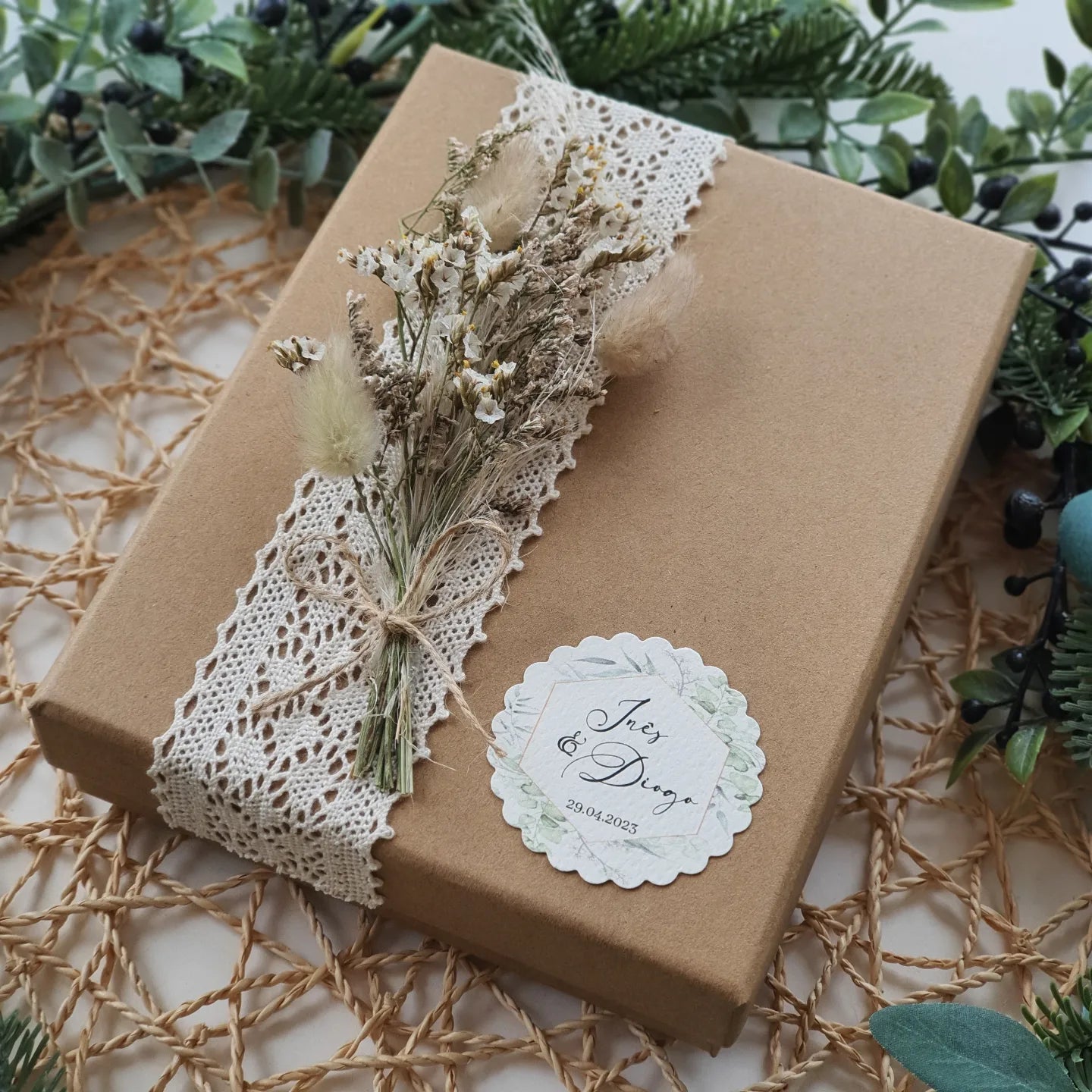 Natural green godparents invitation box