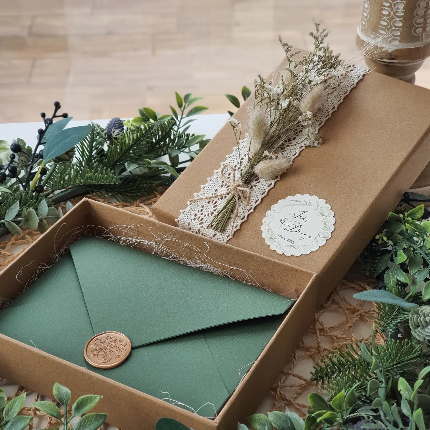 Natural green godparents invitation box