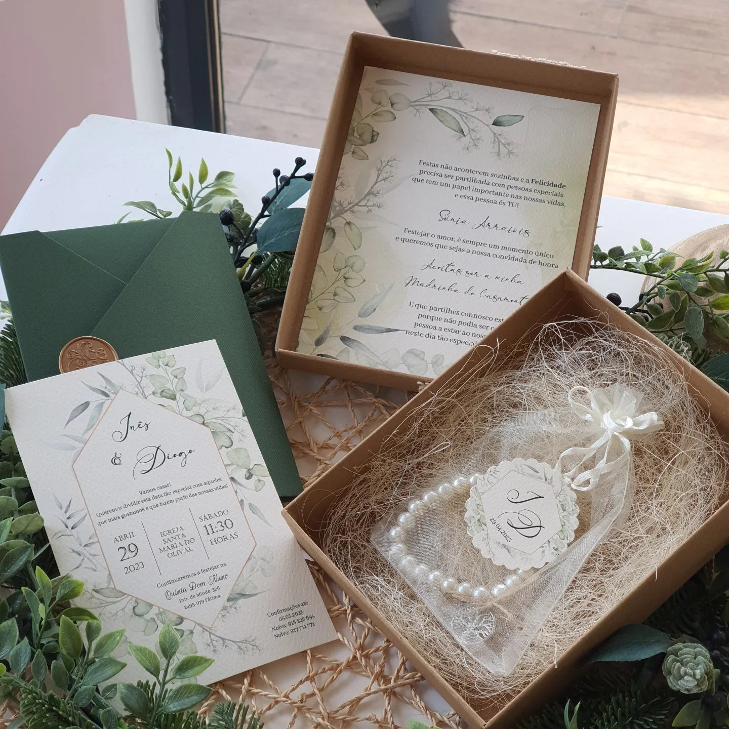 Natural green godparents invitation box