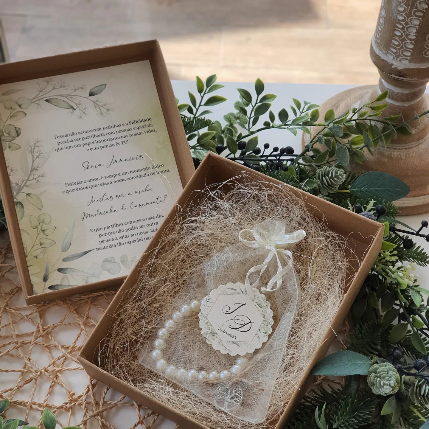 Natural green godparents invitation box