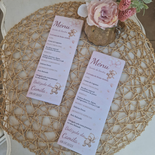 Menu de baptême ours rose