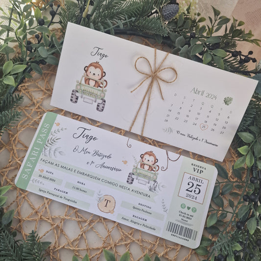 Convite de batizado bilhete de embarque para a selva do macaquinho Tiago