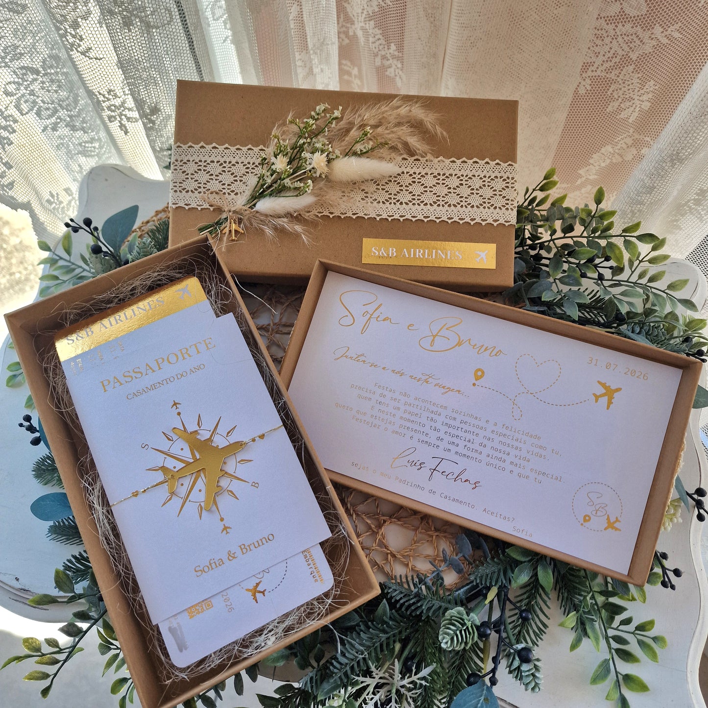 Caixa dedicatória padrinhos viagens gold