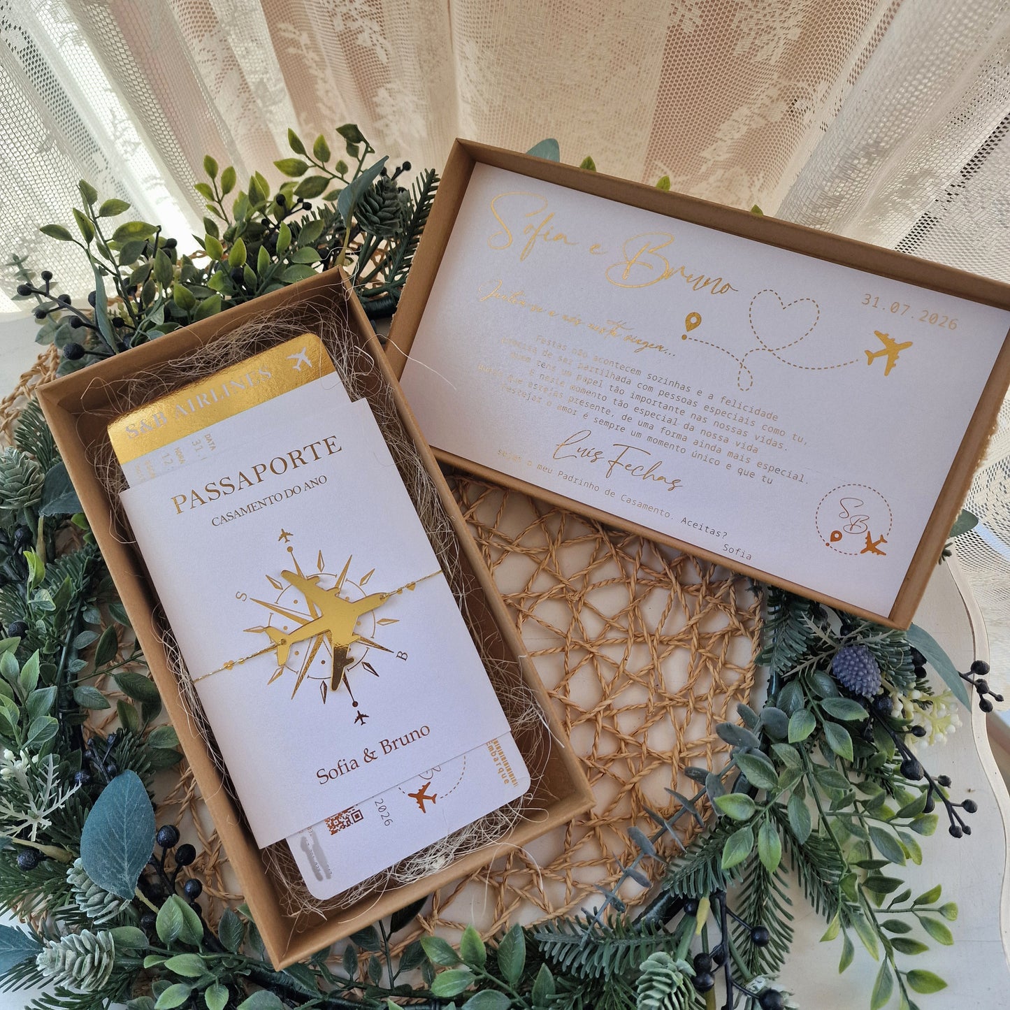 Caixa dedicatória padrinhos viagens gold