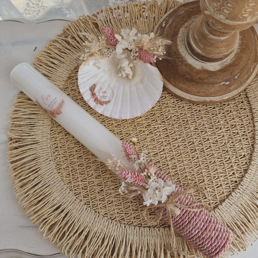 Vela e concha e toalha de batismo premium da Eva