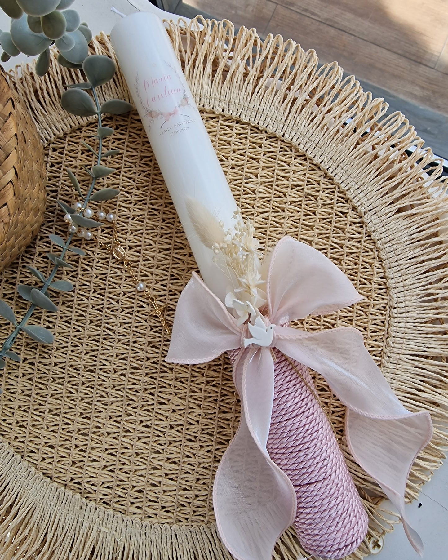 Vela de Batizado rosinha com pombinha