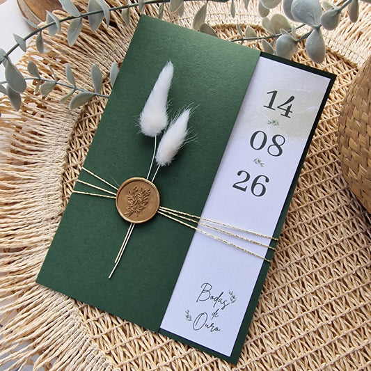 Convite de casamento bodas de ouro folhagem verdes