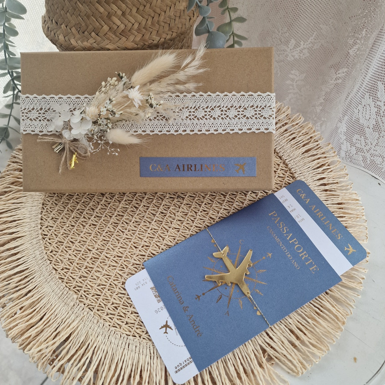 Caixa dedicatória padrinhos de casamento viagens blue