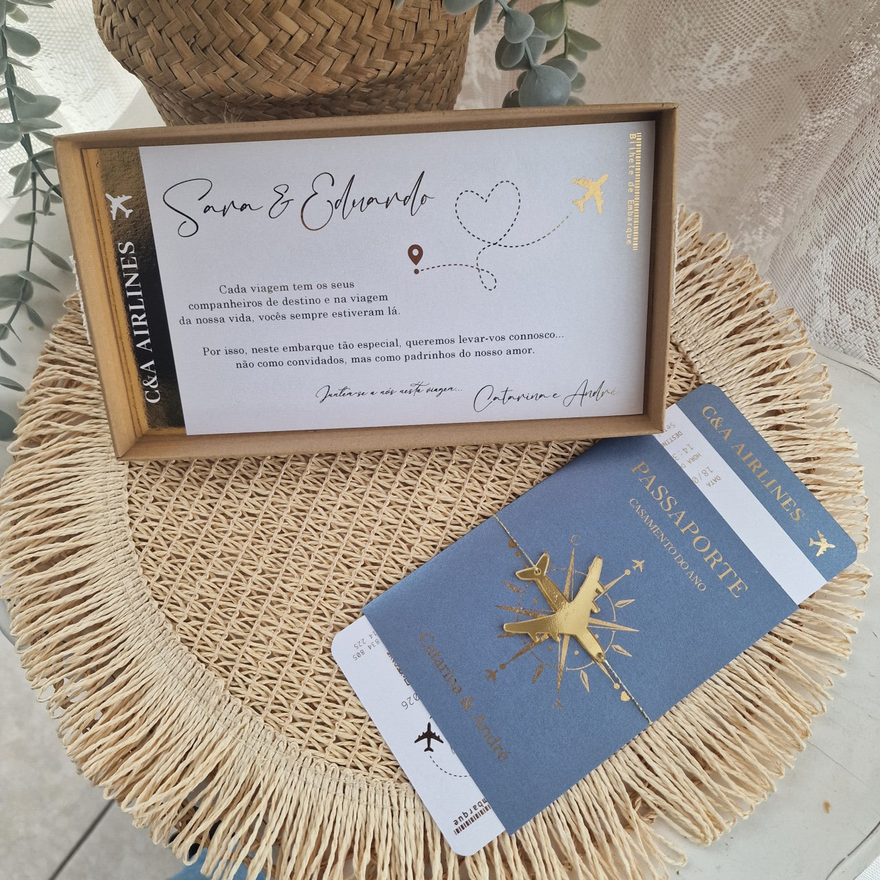 Caixa dedicatória padrinhos de casamento viagens blue