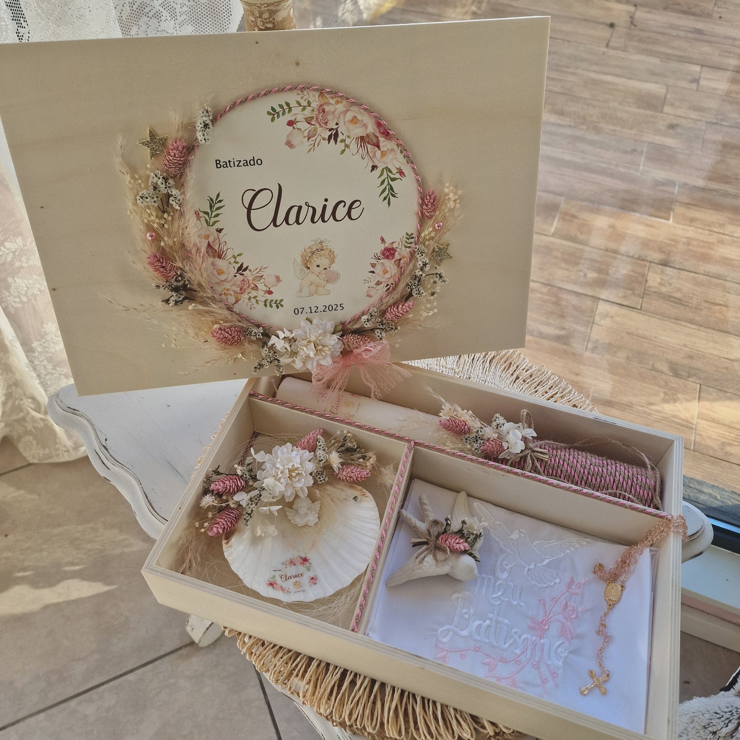 Conjunto de batismo caixa premium vintage da Clarisse