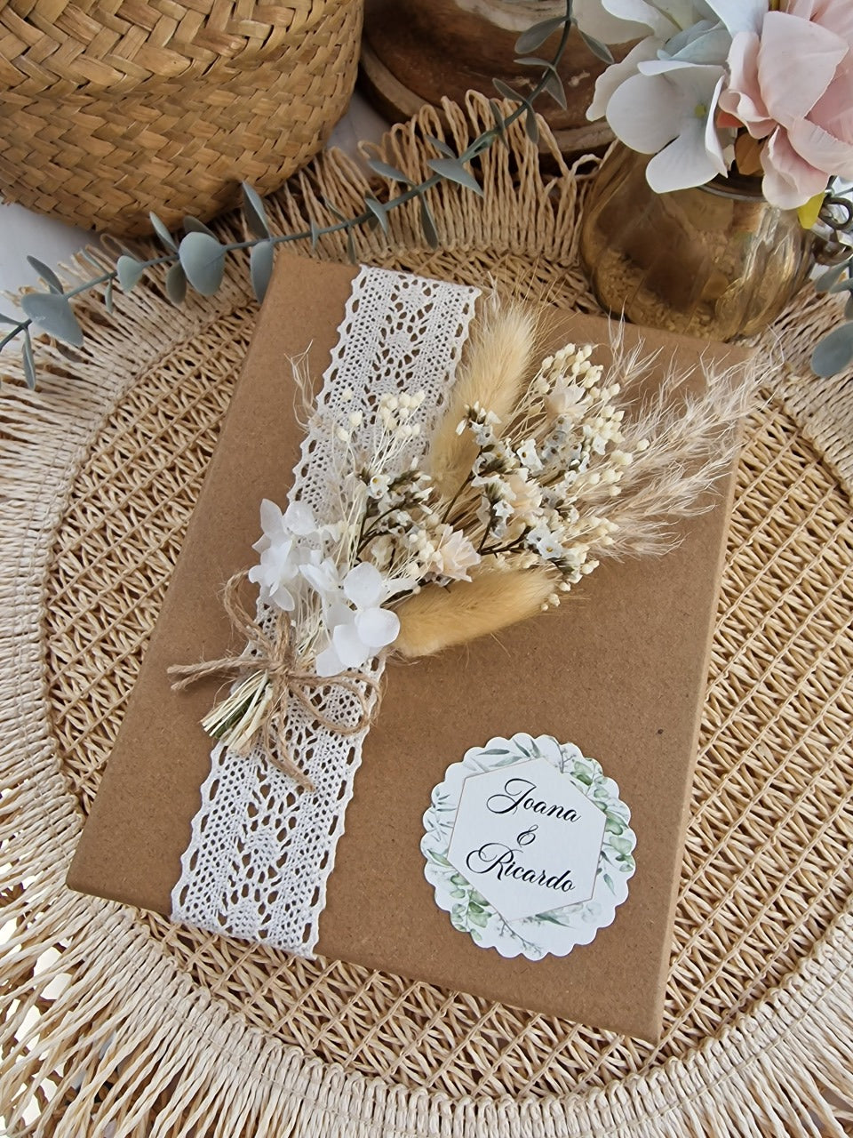 Caixa com dedicatória para padrinhos de casamento verdes natureza