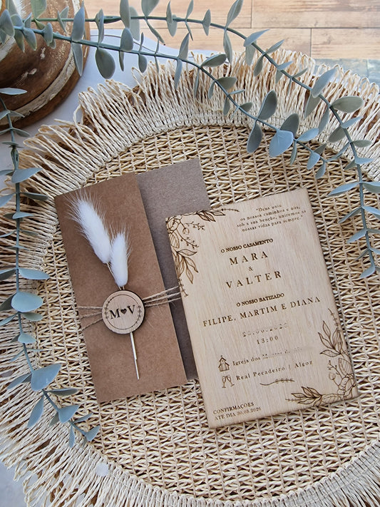 Convite de casamento e batizado em madeira